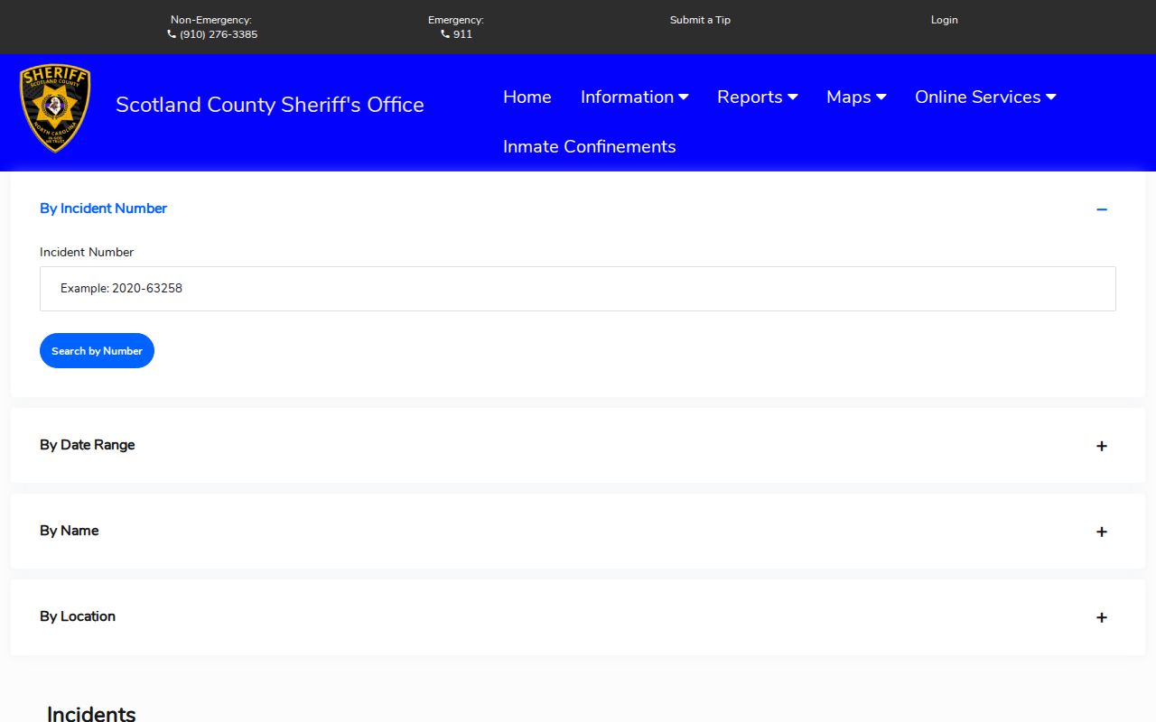 Scotland County arrest and incident record search fields